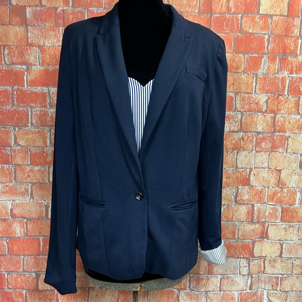 JCPenney Solid Blue Knit‎ Blazer with Striped Lining